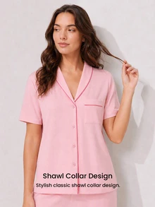 LUVLETTE Summer Light Pink Women's Fresh Casual Two-Piece Set - Contrast Trim Collared Top & Drawstring Pants Pants With Pockets Fashion Casual Comfy Outfits - Pink - View 9