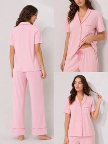 LUVLETTE Summer Light Pink Women's Fresh Casual Two-Piece Set - Contrast Trim Collared Top & Drawstring Pants Pants With Pockets Fashion Casual Comfy Outfits - Pink - View 3
