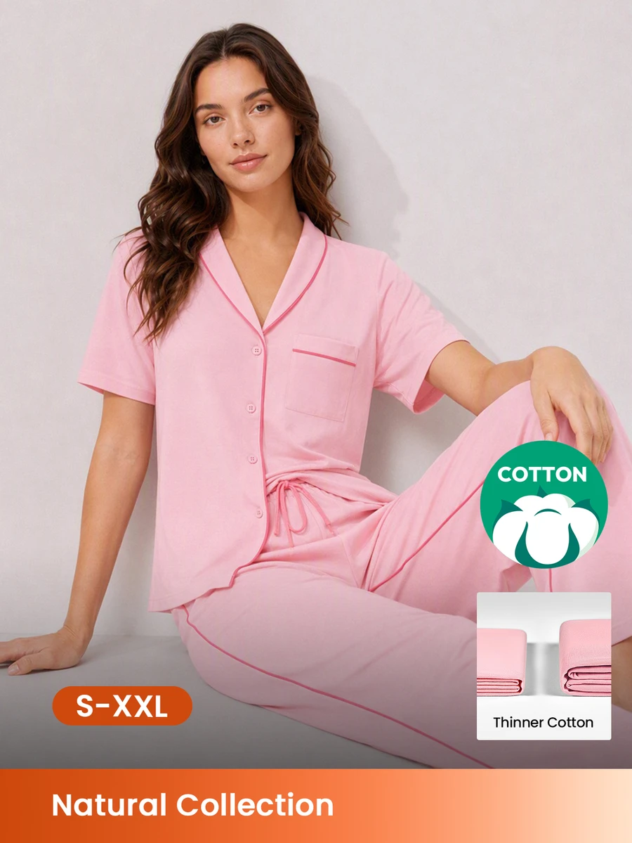 LUVLETTE Summer Light Pink Women's Fresh Casual Two-Piece Set - Contrast Trim Collared Top & Drawstring Pants Pants With Pockets Fashion Casual Comfy Outfits - Pink - View 1