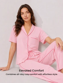 LUVLETTE Summer Light Pink Women's Fresh Casual Two-Piece Set - Contrast Trim Collared Top & Drawstring Pants Pants With Pockets Fashion Casual Comfy Outfits - Pink - View 11