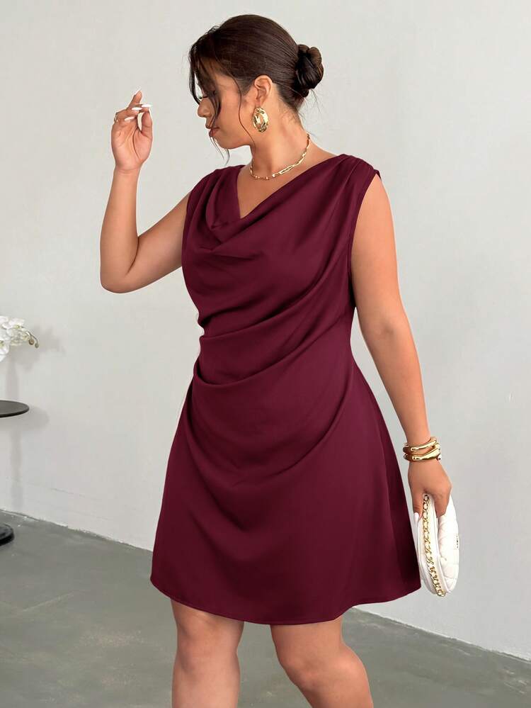 Firerie Women's Burgundy Satin Dress With Boat Neck, Long Bell Sleeves, Ruched Waist, Asymmetric Ruched Collar, Minimalist Casual Vintage Elegant Style - Burgundy - View 7