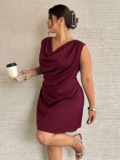 Firerie Vestido de satén color albaricoque para mujer con cuello de barco, mangas largas acampanadas, cintura fruncida, cuello asimétrico fruncido, estilo minimalista elegante y chic para oficina, uso diario, primavera/verano/otoño, atuendo para invitada de boda