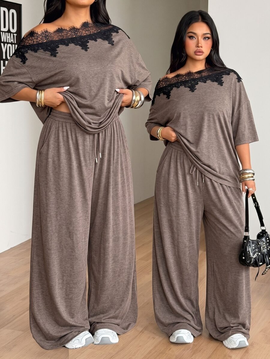 Coolane Women's Plus Size Summer Elegant Basic Daily Wear Going Out Comty Lace Patchwork Brown Off Shoulder T-Shirt And Wide Leg Sweatpants Two Pieces