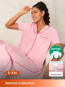 LUVLETTE Summer Light Pink Women's Fresh Casual Two-Piece Set - Contrast Trim Collared Top & Drawstring Pants Pants With Pockets Fashion Casual Comfy Outfits - Pink - View 1