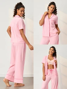 LUVLETTE Summer Light Pink Women's Fresh Casual Two-Piece Set - Contrast Trim Collared Top & Drawstring Pants Pants With Pockets Fashion Casual Comfy Outfits - Pink - View 3