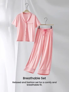 LUVLETTE Summer Light Pink Women's Fresh Casual Two-Piece Set - Contrast Trim Collared Top & Drawstring Pants Pants With Pockets Fashion Casual Comfy Outfits - Pink - View 11