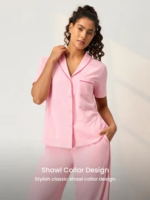 LUVLETTE Summer Light Pink Women's Fresh Casual Two-Piece Set - Contrast Trim Collared Top & Drawstring Pants Pants With Pockets Fashion Casual Comfy Outfits - Pink - View 5