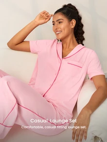 LUVLETTE Summer Light Pink Women's Fresh Casual Two-Piece Set - Contrast Trim Collared Top & Drawstring Pants Pants With Pockets Fashion Casual Comfy Outfits - Pink - View 9