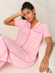 LUVLETTE Summer Light Pink Women's Fresh Casual Two-Piece Set - Contrast Trim Collared Top & Drawstring Pants Pants With Pockets Fashion Casual Comfy Outfits - Pink - View 8