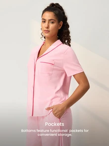 LUVLETTE Summer Light Pink Women's Fresh Casual Two-Piece Set - Contrast Trim Collared Top & Drawstring Pants Pants With Pockets Fashion Casual Comfy Outfits - Pink - View 10