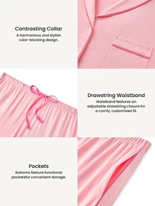 LUVLETTE Summer Light Pink Women's Fresh Casual Two-Piece Set - Contrast Trim Collared Top & Drawstring Pants Pants With Pockets Fashion Casual Comfy Outfits - Pink - View 4