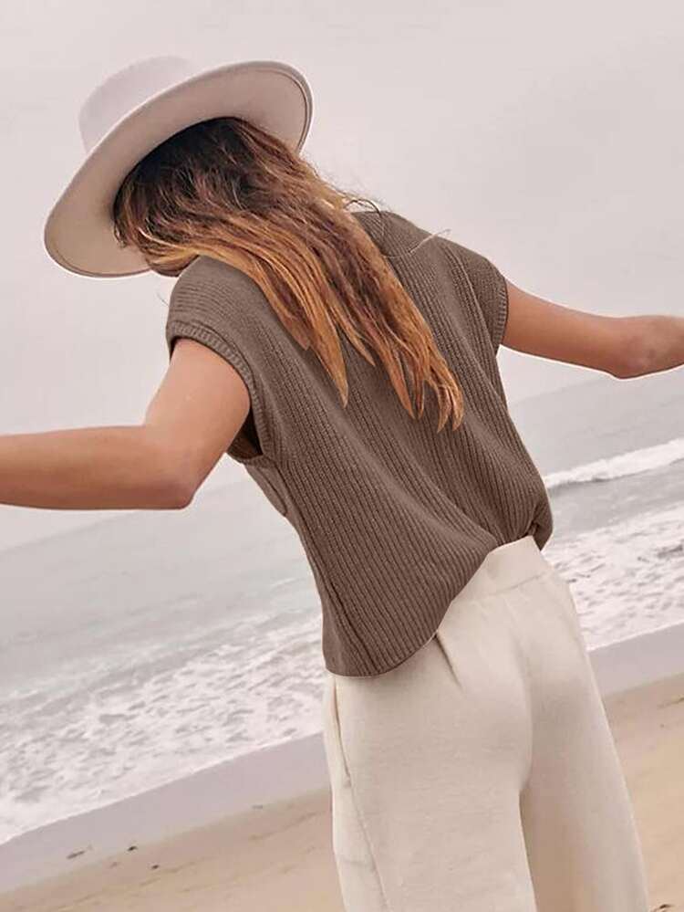 SoleilVie Softnon‑Prickly Fuzzed, Resilient Warm Synthetic Fabric; Static & Minor Pilling, No Tumble Dry.Cap Sleeve Pocket Knit Top For Women - Khaki - View 4