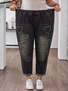 EMERY ROSE EMERY ROSE Plus Size Curve Women's Elastic Waist Black Wash Heart Frayed Patch Loose Tapered Cuffed Jeans, Multi Pocket Fall Casual Everyday Streetwear - Black - View 3