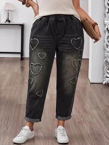 EMERY ROSE EMERY ROSE Plus Size Curve Women's Elastic Waist Black Wash Heart Frayed Patch Loose Tapered Cuffed Jeans, Multi Pocket Fall Casual Everyday Streetwear - Black - View 4