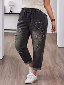 EMERY ROSE EMERY ROSE Plus Size Curve Women's Elastic Waist Black Wash Heart Frayed Patch Loose Tapered Cuffed Jeans, Multi Pocket Fall Casual Everyday Streetwear - Black - View 5