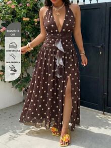 GalTyme Plus Size Women Polka Dot Ruffle Hem Split Design Casual 80s 1920s Boho Sexy Party Brunch Vacation Halter Neck Dress Chocolate Brown Summer - Coffee Brown - View 10
