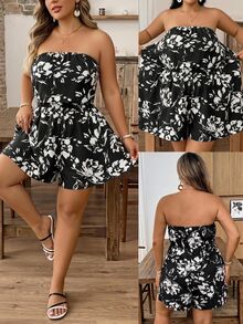 SHEIN CURVE+ Plus Floral Print Tube Romper Spring Summer Women - Black - View 2