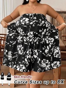 SHEIN CURVE+ Plus Floral Print Tube Romper Spring Summer Women - Black - View 8