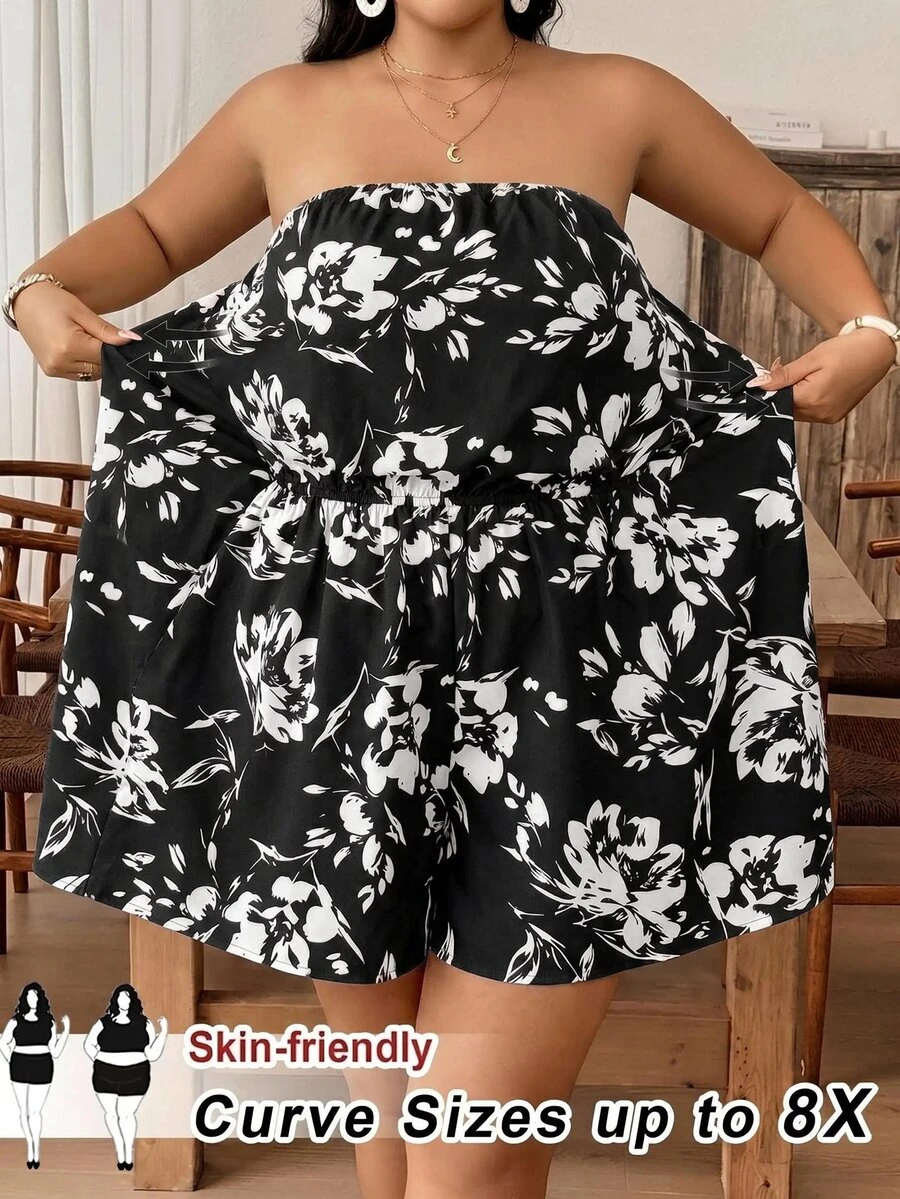 SHEIN CURVE+ Plus Floral Print Tube Romper Spring Summer Women