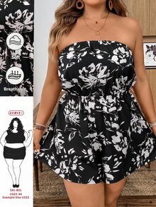 SHEIN CURVE+ Plus Floral Print Tube Romper Spring Summer Women - Black - View 3