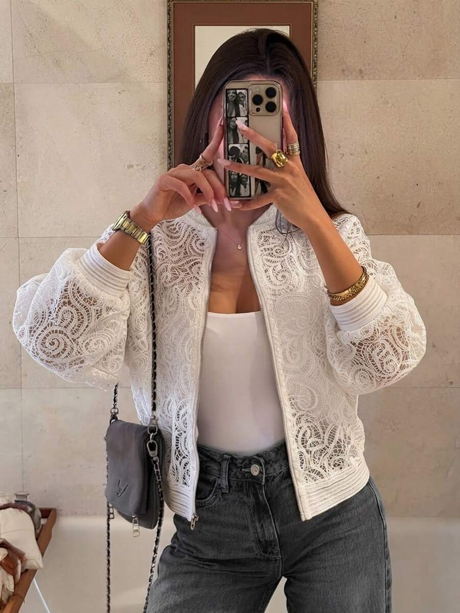 SHEIN Uhlyne 女款優雅時尚鏤空刺繡前拉鍊開襟小立領長袖夾克,時尚優雅設計通勤穿搭白色上衣 - 白色 - 查看 1