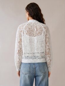 SHEIN Uhlyne 女款優雅時尚鏤空刺繡前拉鍊開襟小立領長袖夾克，時尚優雅設計通勤穿搭白色上衣 - 白色 - 查看 2