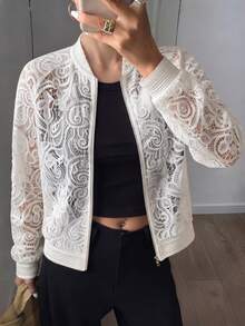 SHEIN Uhlyne 女款優雅時尚鏤空刺繡前拉鍊開襟小立領長袖夾克，時尚優雅設計通勤穿搭白色上衣 - 白色 - 查看 6