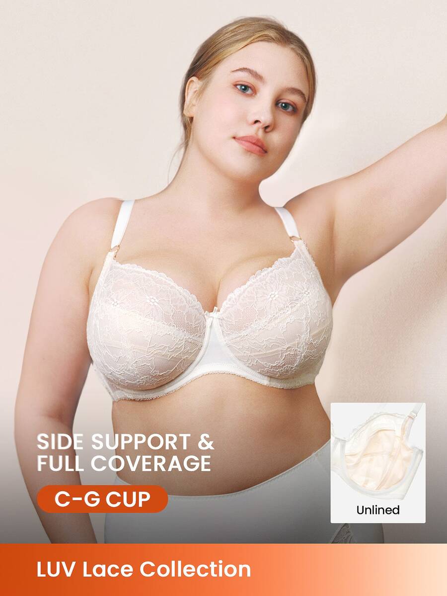 LUVLETTE Plus Woman Full Coverage Lingerie Curve Support & Breathable Underwire Sexy Unlined Minimizer Lace Elegance Bra Romantic White Bridal Intimates - White - View 1