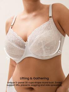 LUVLETTE Plus Woman Full Coverage Lingerie Curve Support & Breathable Underwire Sexy Unlined Minimizer Lace Elegance Bra Romantic White Bridal Intimates - White - View 3