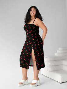 SHEIN EZwear Plus Size Women's Cherry Print Spaghetti Strap Maxi Dress, Boho, Floral Split Hem, Open Back, Beach, Summer - Multicolor - View 4