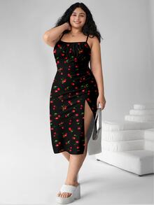 SHEIN EZwear Plus Size Women's Cherry Print Spaghetti Strap Maxi Dress, Boho, Floral Split Hem, Open Back, Beach, Summer - Multicolor - View 3