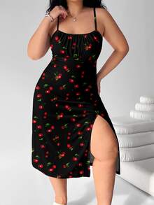 SHEIN EZwear Plus Size Women's Cherry Print Spaghetti Strap Maxi Dress, Boho, Floral Split Hem, Open Back, Beach, Summer - Multicolor - View 5