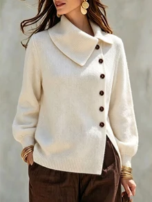 Balvessa Women's Fall Winter White Asymmetric‑Collar Knit Sweater With Elegant Decorative Black Buttons For Daily - Apricot - View 7