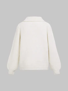 Balvessa Women's Fall Winter White Asymmetric‑Collar Knit Sweater With Elegant Decorative Black Buttons For Daily - Apricot - View 4