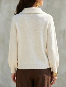 Balvessa Women's Fall Winter White Asymmetric‑Collar Knit Sweater With Elegant Decorative Black Buttons For Daily - Apricot - View 2