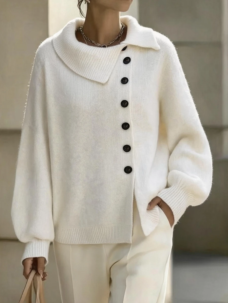 Balvessa Women's Fall Winter White Asymmetric‑Collar Knit Sweater With Elegant Decorative Black Buttons For Daily - Apricot - View 1