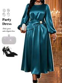 Fleurora Plus Size Elegant Party Lantern Sleeve Dress Fall - Green - View 4