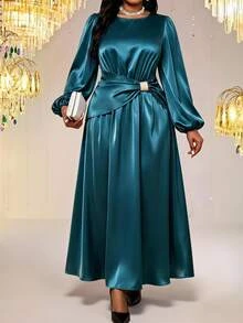 Fleurora Plus Size Elegant Party Lantern Sleeve Dress Fall - Green - View 3