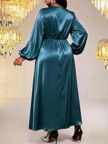 Fleurora Plus Size Elegant Party Lantern Sleeve Dress Fall - Green - View 2