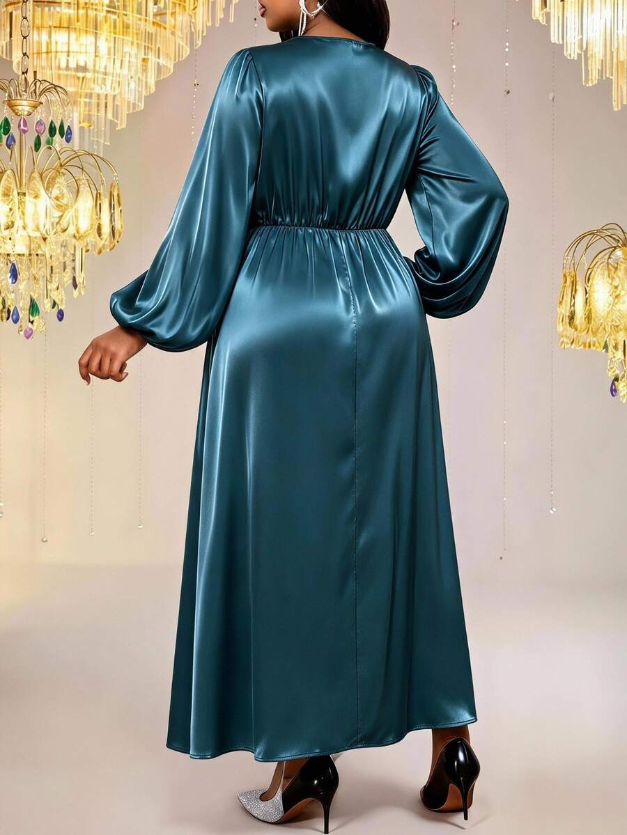 Fleurora Plus Size Elegant Party Lantern Sleeve Dress Fall Christmas - Green - View 1