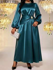 Fleurora Plus Size Elegant Party Lantern Sleeve Dress Fall - Green - View 1