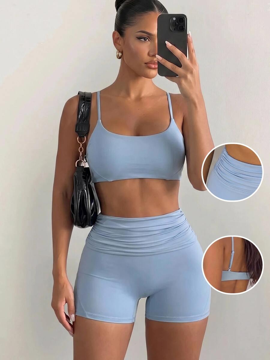 SHEIN Sports 女款春夏秋高級瑜伽跑步戶外運動套裝,收腹抓皺腰部、提臀露背背心與短褲健身套裝 - 藍色 - 查看 1
