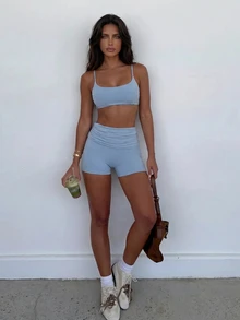 SHEIN Sports 女款春夏秋高級瑜伽跑步戶外運動套裝，收腹抓皺腰部、提臀露背背心與短褲健身套裝 - 藍色 - 查看 5