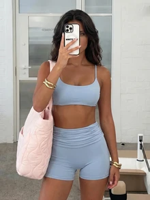 SHEIN Sports 女款春夏秋高級瑜伽跑步戶外運動套裝，收腹抓皺腰部、提臀露背背心與短褲健身套裝 - 藍色 - 查看 8