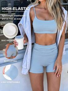 SHEIN Sports 女款春夏秋高級瑜伽跑步戶外運動套裝，收腹抓皺腰部、提臀露背背心與短褲健身套裝 - 藍色 - 查看 2