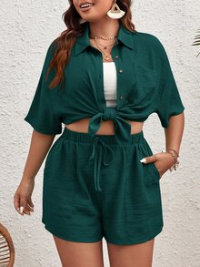 SHEIN VCAY 大码女式夏季纯色落肩口袋衬衫和短裤休闲两件套服装 - 墨綠色 - 查看 4