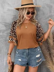 SHEIN LUNE Plus Size Women Fall Casual Leopard Contrast Raglan Sleeve Loose Leopard T-Shirt Women Tops - Multicolor - View 5