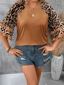 SHEIN LUNE Plus Size Women Fall Casual Leopard Contrast Raglan Sleeve Loose Leopard T-Shirt Women Tops - Multicolor - View 3