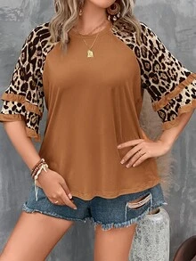 SHEIN LUNE Plus Size Women Fall Casual Leopard Contrast Raglan Sleeve Loose Leopard T-Shirt Women Tops - Multicolor - View 4