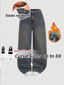 SHEIN CURVE+ 大尺碼女款鈕扣口袋寬鬆牛仔褲 秋冬休閒 Y2K 基本款 萬聖節節慶 校園穿搭 適合豐滿與修身身形 教師風格 - 藍色 - 查看 1